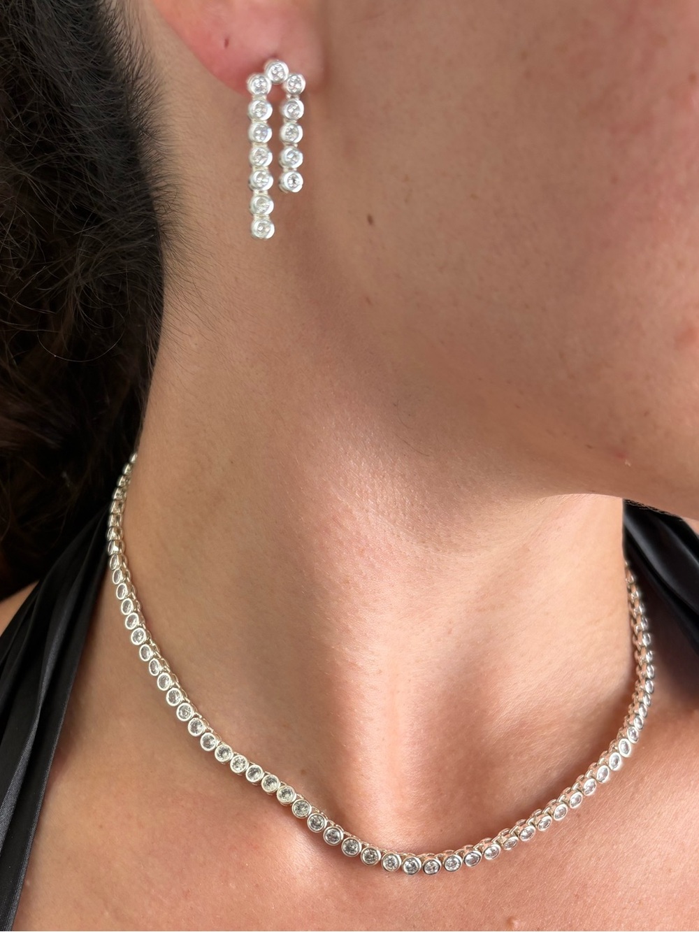 Madewell Silver Bezel Crystal Tennis Necklace & Drop Earring Set Adjustable - Picture 5 of 10